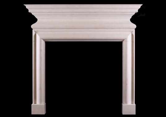 A stylish architectural fireplace in white marble