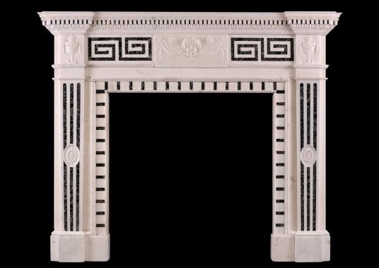 A 19th century English Statuary and inlaid Tinos marble fireplace