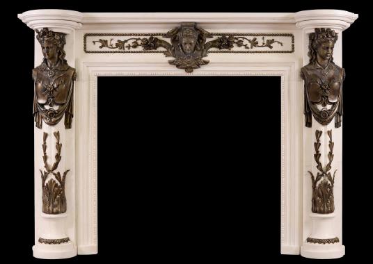 A Regency Style fireplace in white marble with bronze adornments