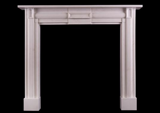 A white marble fireplace in the Soanian style