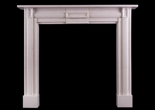 A white marble fireplace in the Soanian style