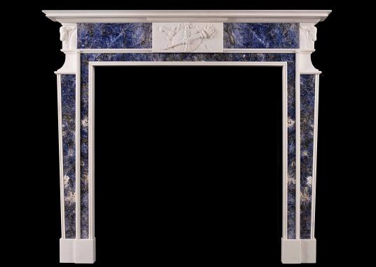 A late Georgian white marble fireplace with blue inlay