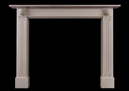 A fine quality white marble Regency fireplace with carved lions to end blockings
