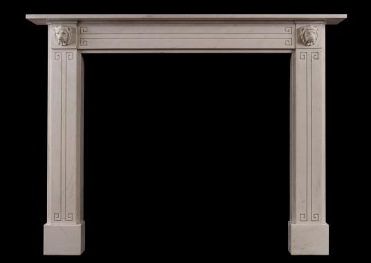 A fine quality white marble Regency fireplace with carved lions to end blockings