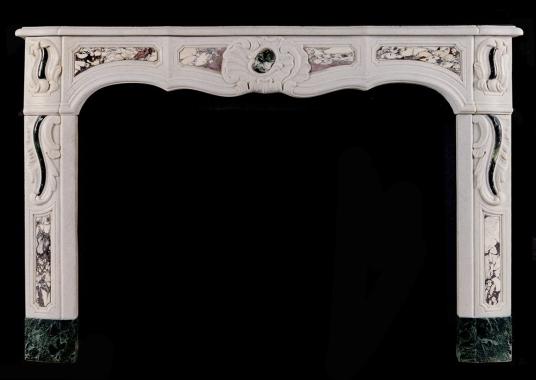 A 19th century French Provençale white marble fireplace with coloured inlay