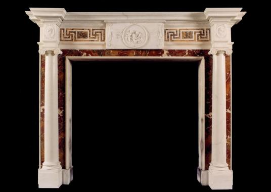 An Antique English Statuary fireplace with inlaid Siena and Jasper Marble