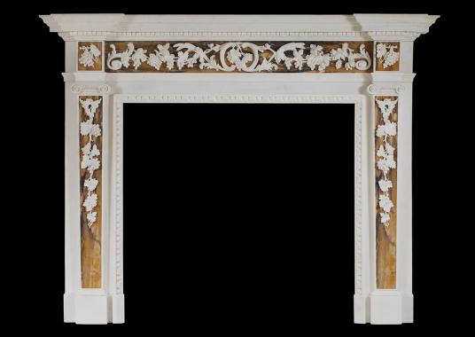 An English George II white marble fireplace with Siena inlay