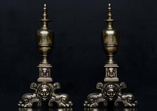 A large pair of 19th century brass firedogs