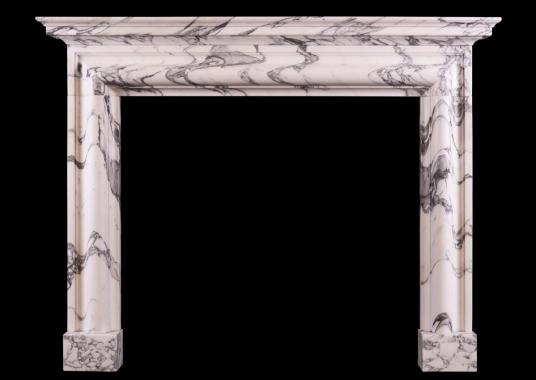An architectural fireplace in Italian Arabescato marble