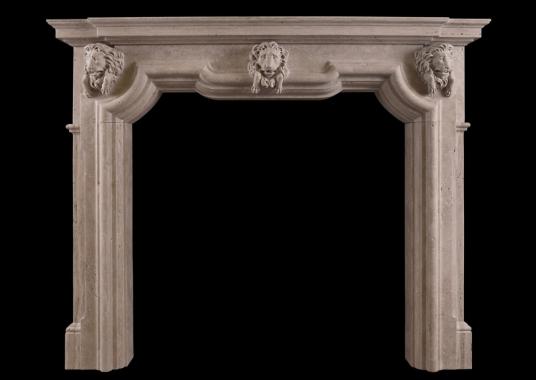 An Italian fireplace with carved lion's masks