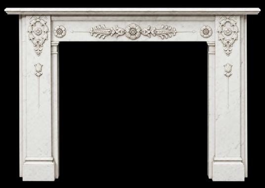 A Carved White Marble Neoclassical Fireplace