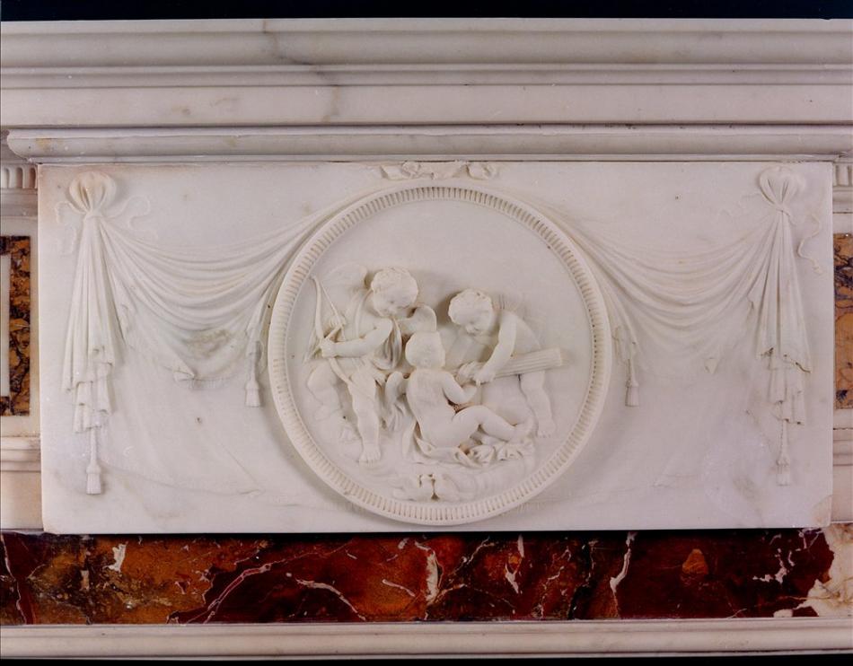 An Antique English Statuary fireplace with inlaid Siena and Jasper Marble