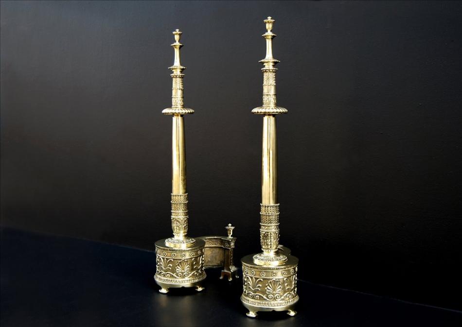 A impressive pair of English Regency brass firedogs with Aethenian leaves