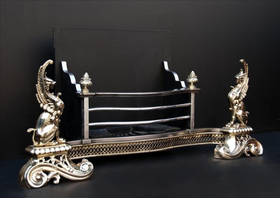 A 19th century English brass and steel firebasket featuring heraldic figures