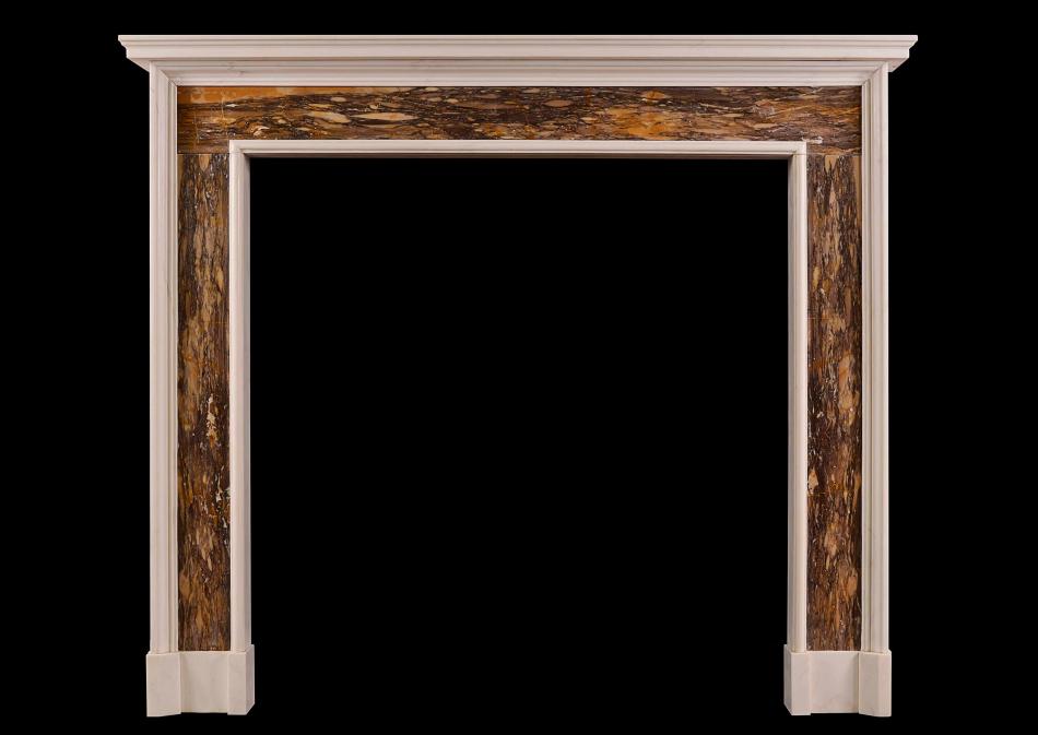 A white and Siena Brocatelle marble fireplace in the Queen Anne style