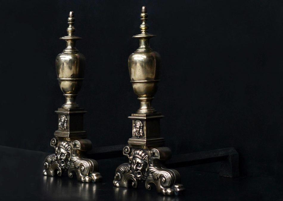 A large pair of 19th century brass firedogs