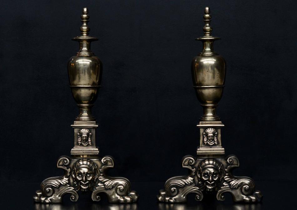 A large pair of 19th century brass firedogs