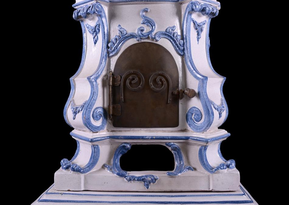 An ornate ceramic Kachelofen stove