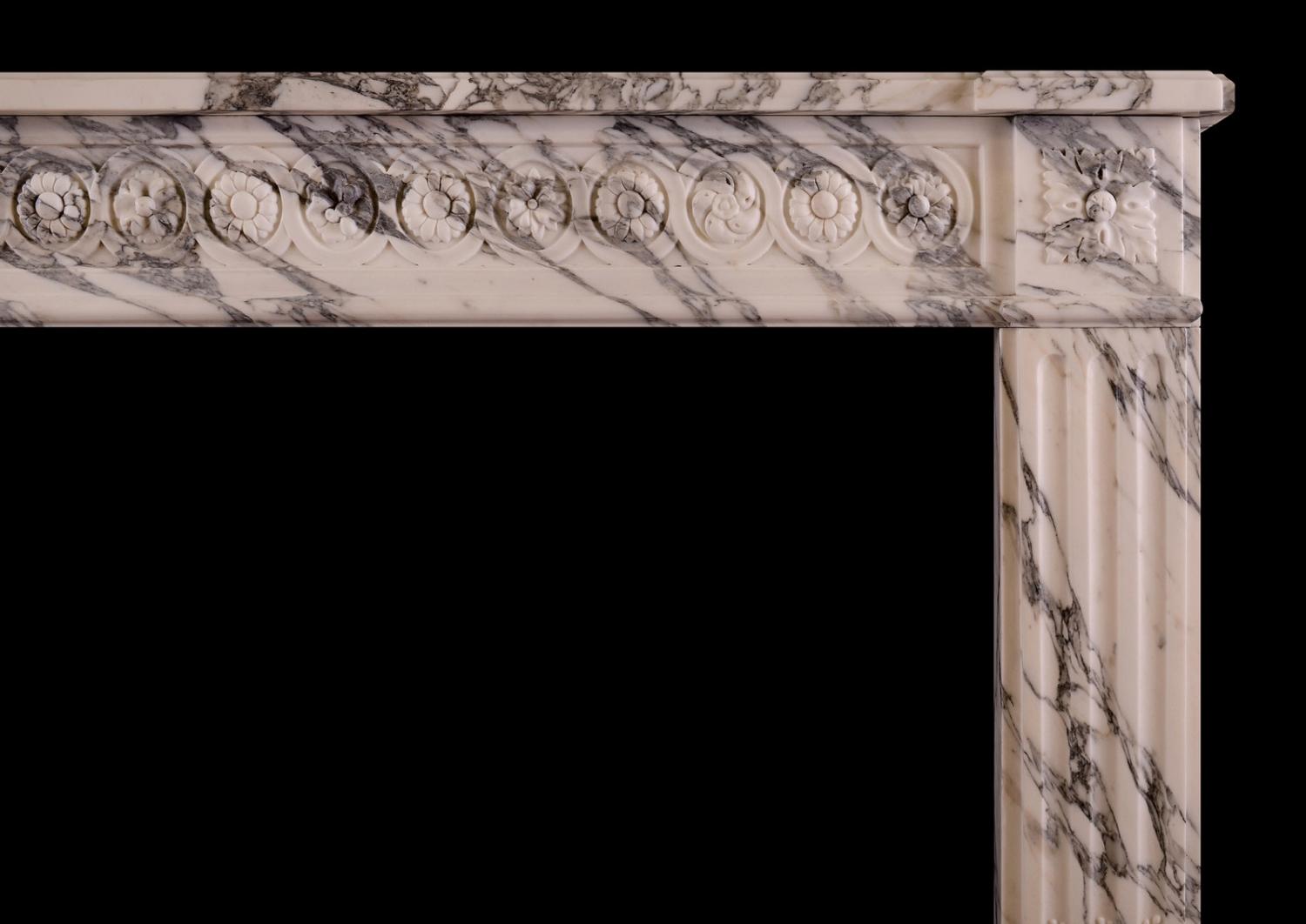 An Italian Arabescato French Louis XVI marble fireplace
