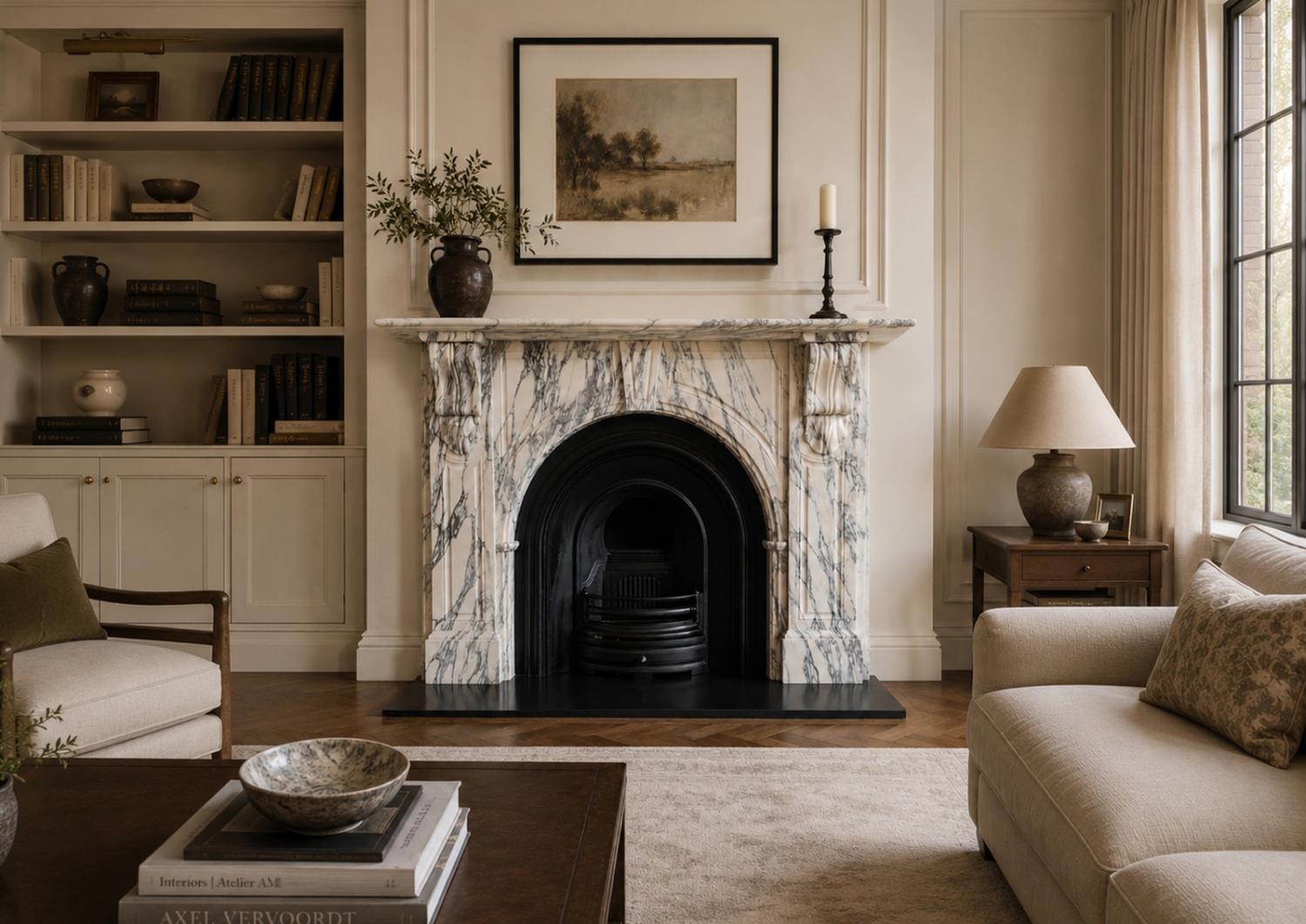 An arched fireplace in the Victorian manner