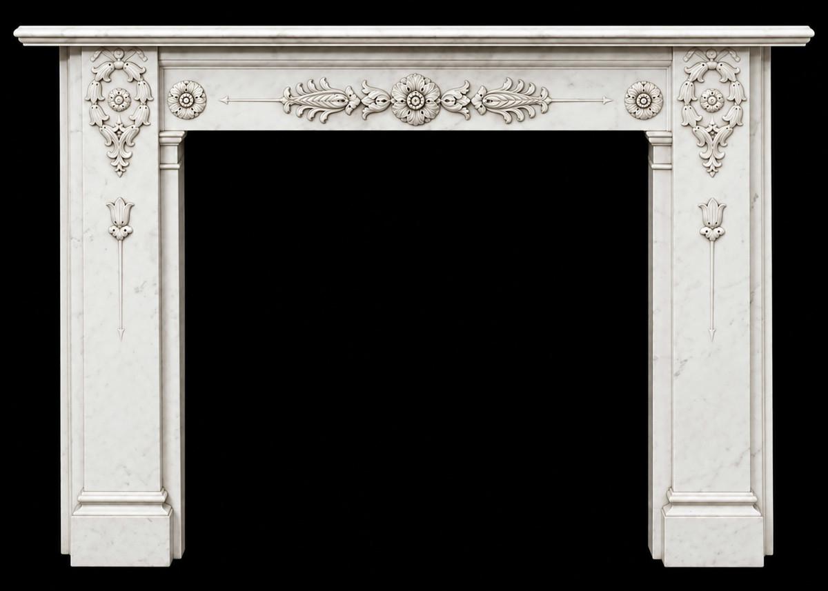 A Carved White Marble Neoclassical Fireplace